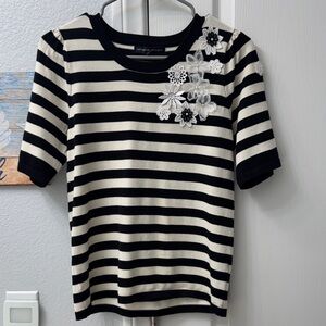 Adrienne Vittadini Black and White Striped Tee with Floral Details